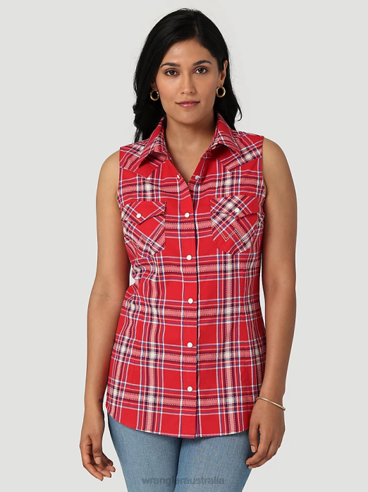 Retro Sleeveless Plaid Western Snap Top Women Wrangler RHXV896 Clothing Pop Red (112329682)